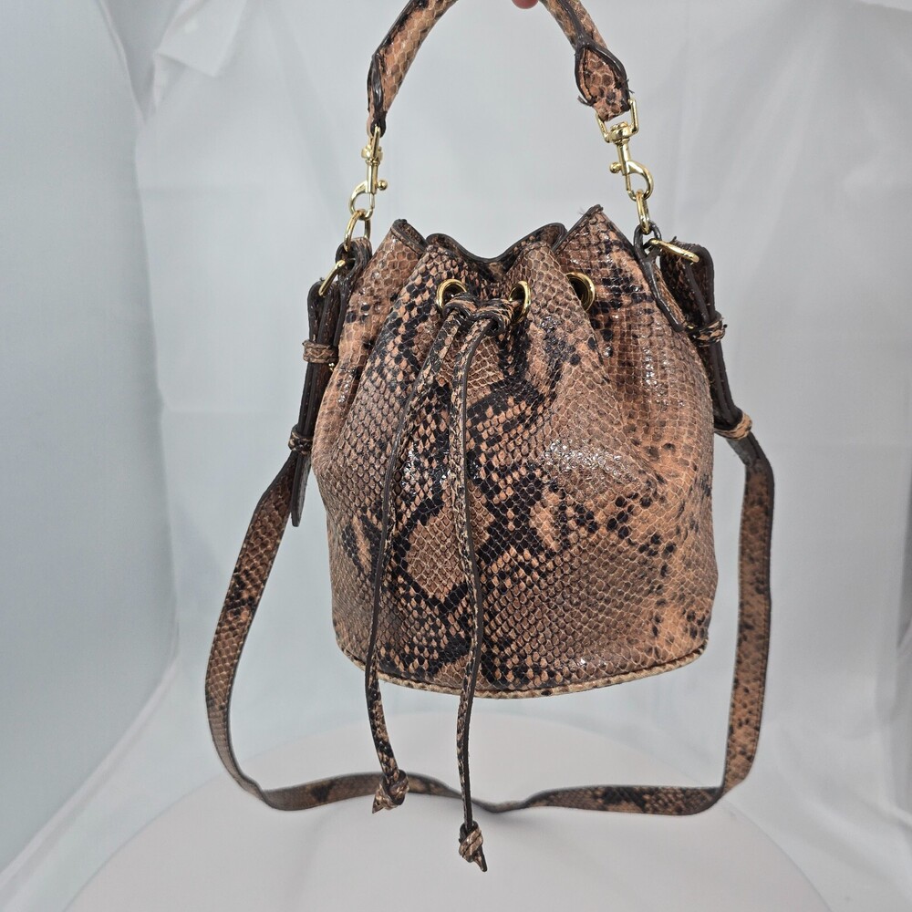 ANN TAYLOR Brown Snakeskin Leather Drawstring Shoulder/Crossbody Bucket Bag - Picture 1 of 16